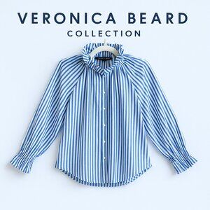 Veronica Beard Calisto Washed Blue White Ruffle Collar Button Revolve Shirt S